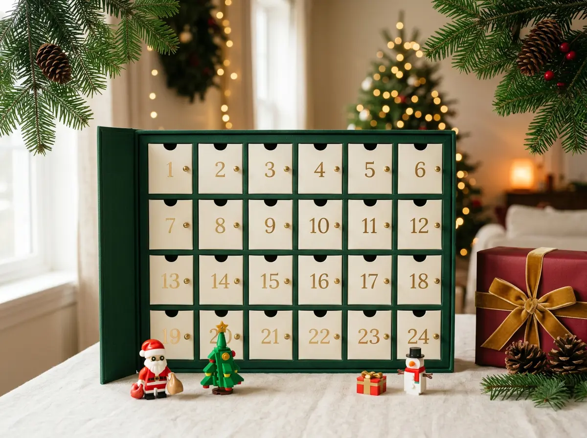 Illustrative green advent calendar surrounded by miniature Christmas brick creations, evergreen branches, and warm holiday lights